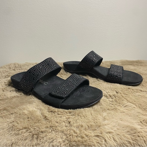 Vionic Black Beaded Slight-Wedge Slide Sandals Size 9 - Picture 2 of 11